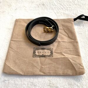 ❤️Authentic Women Gucci Gold Double G Marment Thin Black Leather Belt size 80/32